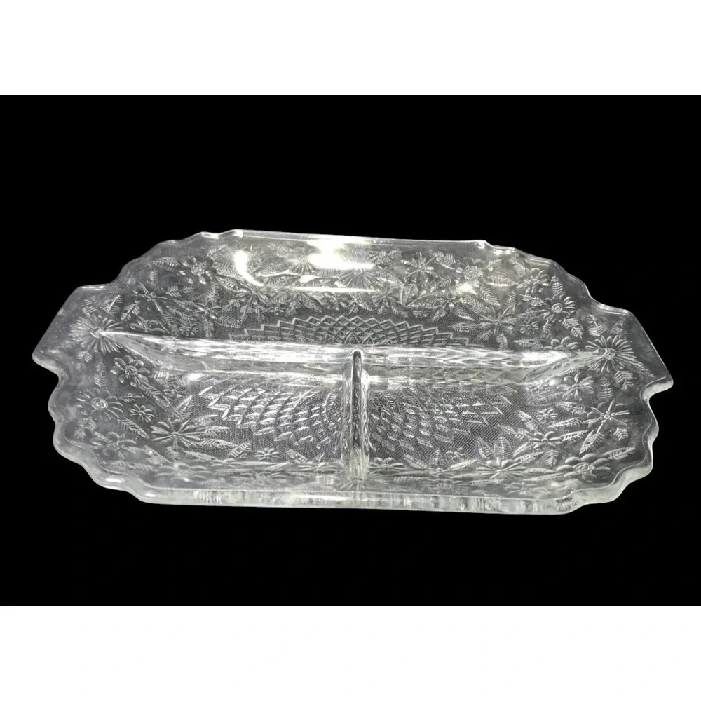 Indiana Glass Pineapple and Floral 3-Part Divided Relish Dish 1930s
